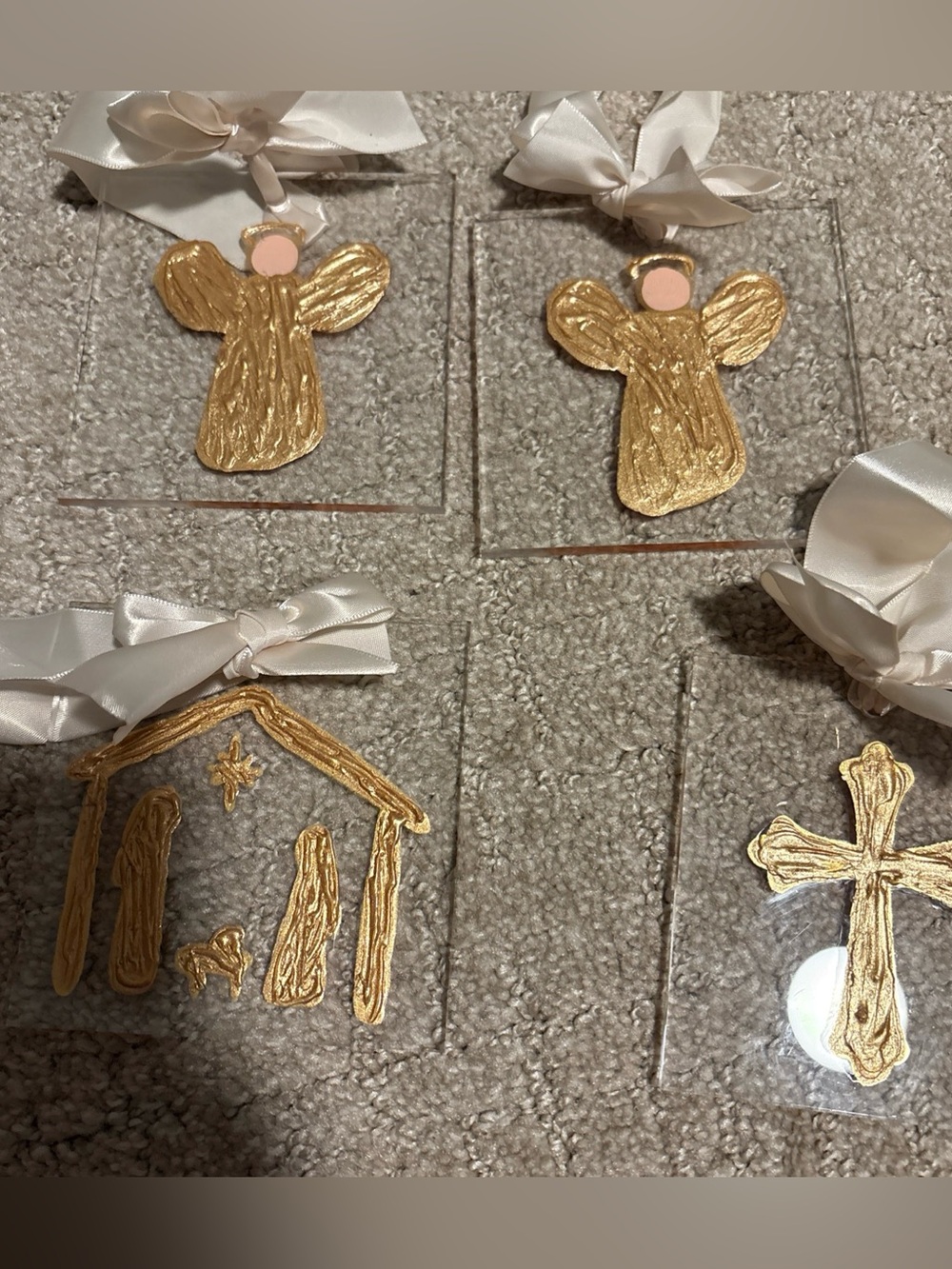 Mud Pie Gold Acrylic Christmas Ornaments Set of 4 Angel Nativity Cross